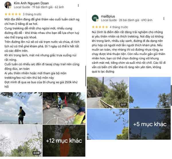 Đánh giá trên Google Maps tại núi Dinh